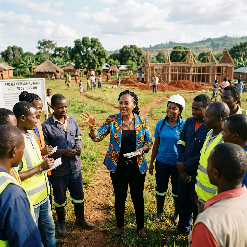Community project team meeting outdoors near building construction
